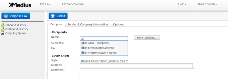 screenshot of XM Fax